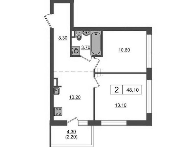 2-комнатная квартира 48.1 м², 6/7 эт., ЖК «А101 Всеволожск»